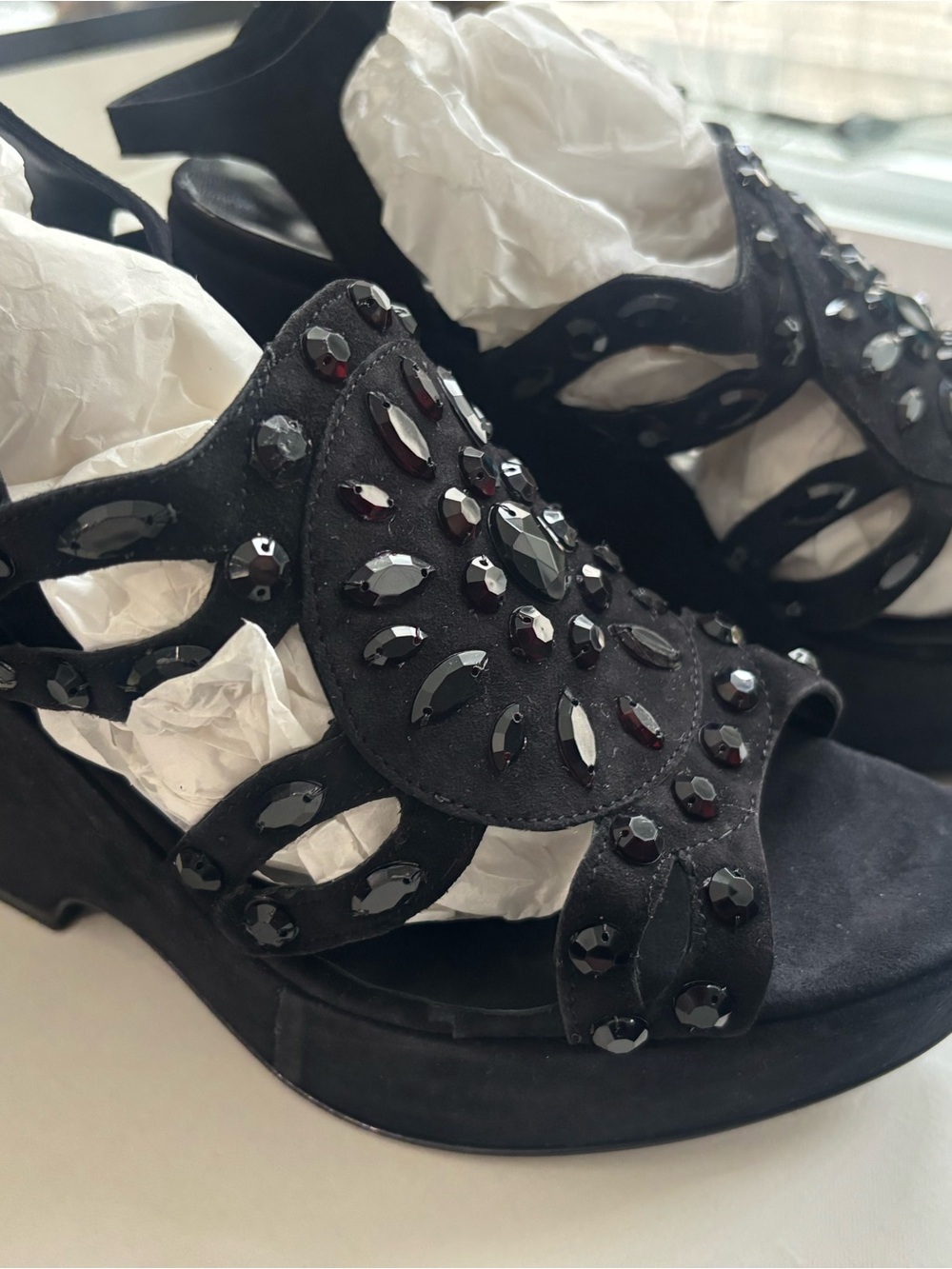 Isabella Fiore Black Jeweled Suede Platform Sandals with Cutout Straps
